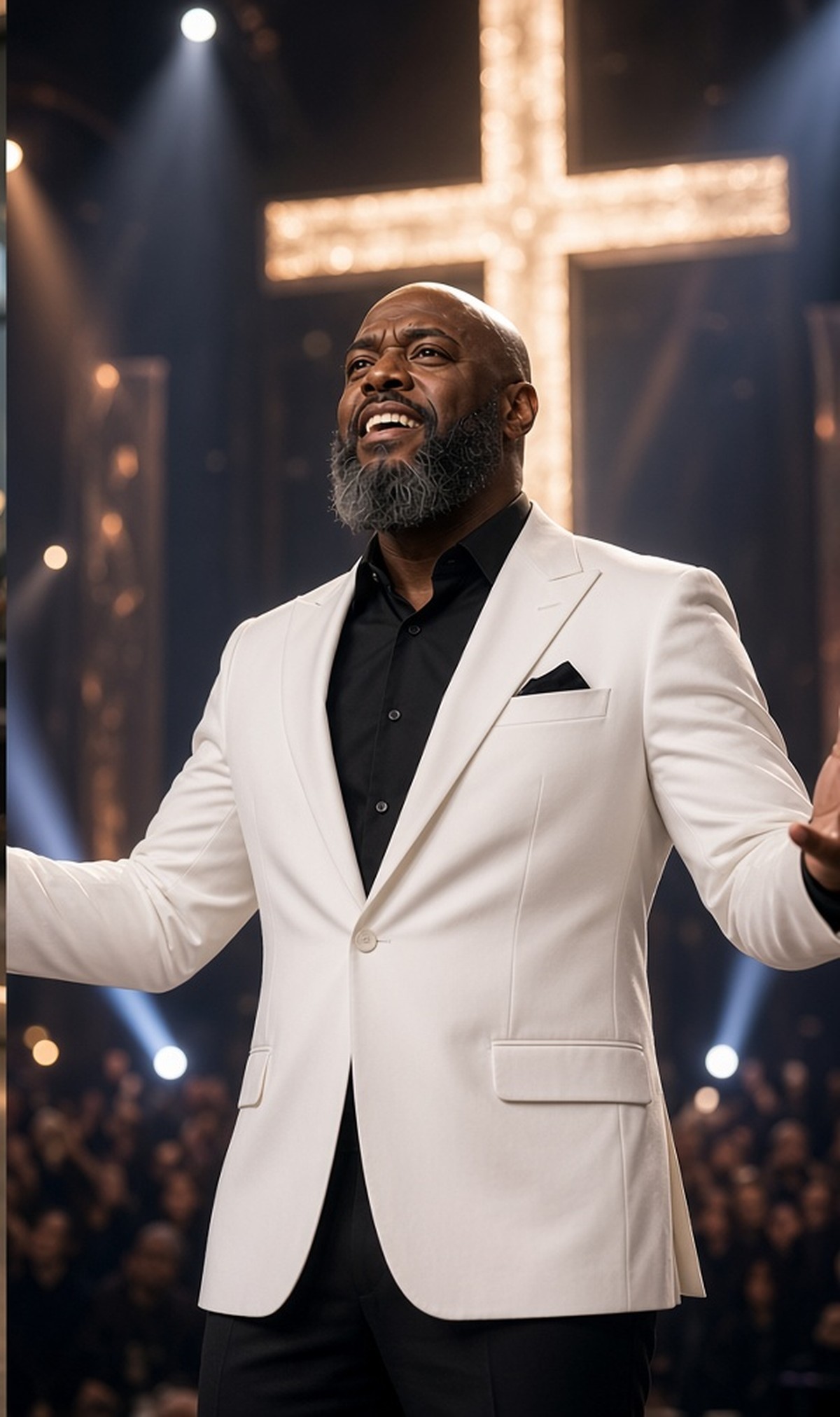 Marlowe Cade in a white jacket under the cross
